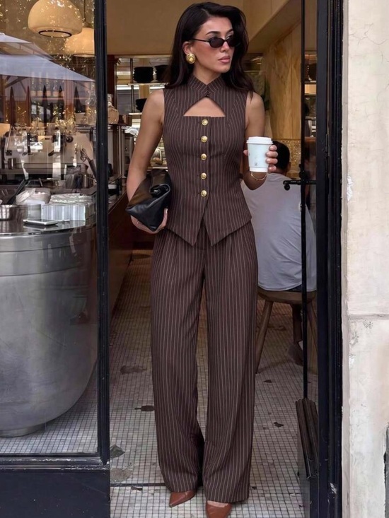 Rebellious Rose Pants - Rebellious Rose Brown Pinstripe Sleeveless Pantsuit